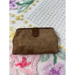 Anne Klein Vintage Brown Suede Kiss Lock Makeup Bag Clutch Lion Logo
